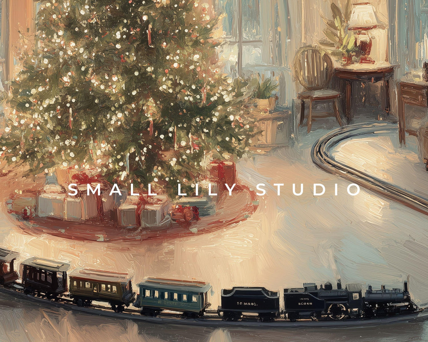 FRAME TV art Toy Train and Christmas Tree, Samsung Frame TV art Cozy Holiday Vintage Style Painting | TV1034