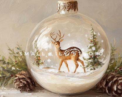 FRAME TV art Winter Deer Ornament, Christmas Samsung Frame TV art Cute Winter Holiday Vintage Style Painting | TV1038