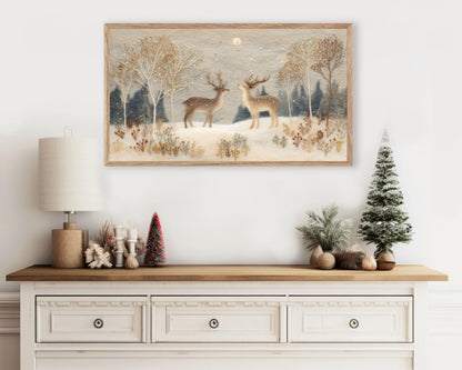 FRAME TV art Deer in Winter Landscape Felt Style, Neutral Samsung Frame TV art Cute Christmas Animals | TV1009