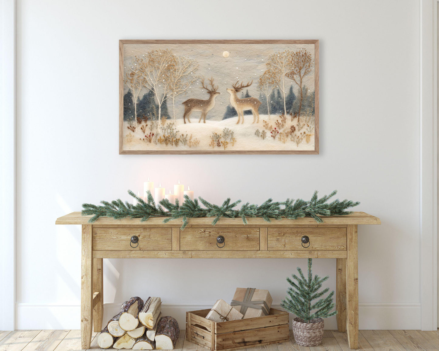 FRAME TV art Deer in Winter Landscape Felt Style, Neutral Samsung Frame TV art Cute Christmas Animals | TV1009