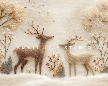 FRAME TV art Felt Style Deer in Winter Landscape, Neutral Samsung Frame TV art Cute Christmas Animals | TV1010