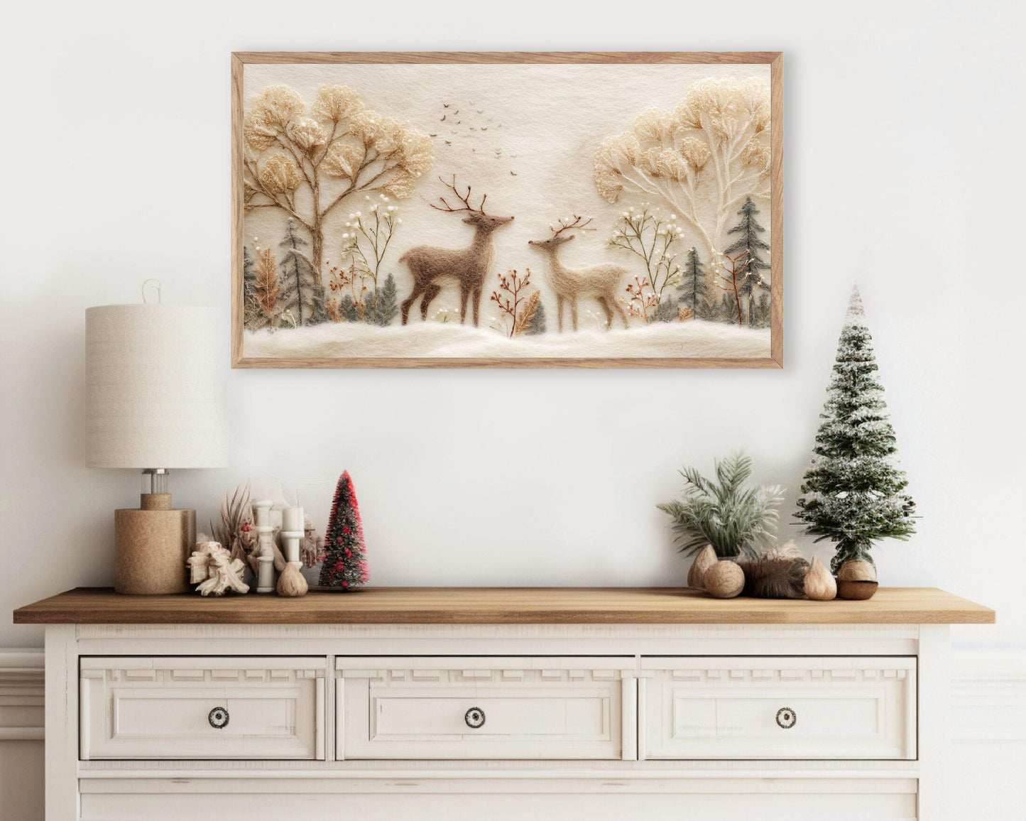 FRAME TV art Felt Style Deer in Winter Landscape, Neutral Samsung Frame TV art Cute Christmas Animals | TV1010