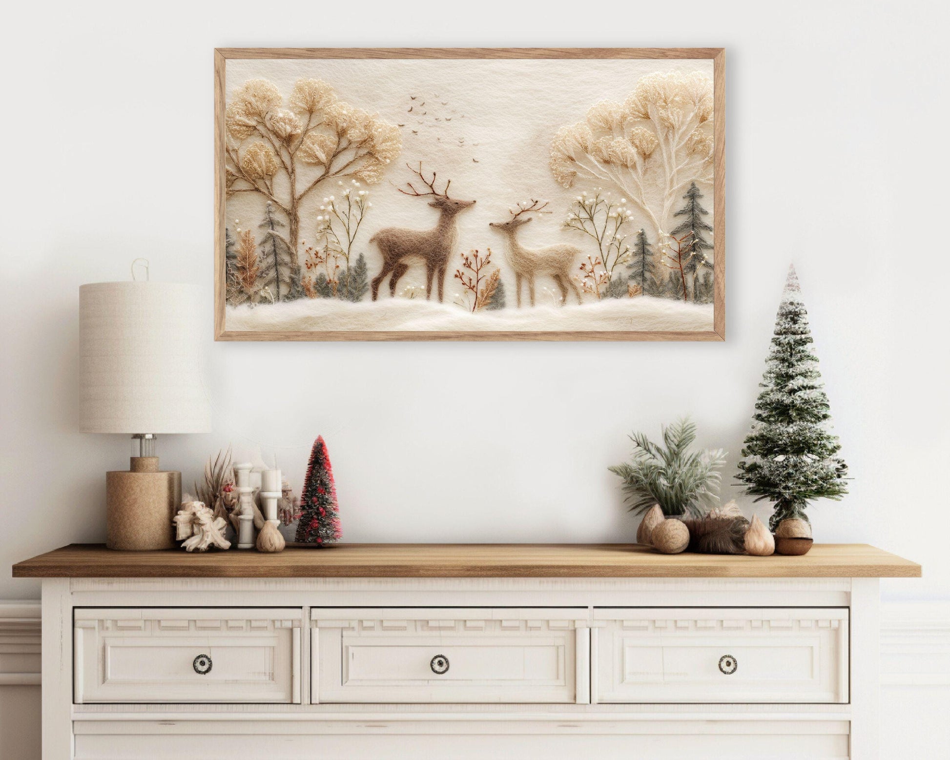 FRAME TV art Felt Style Deer in Winter Landscape, Neutral Samsung Frame TV art Cute Christmas Animals | TV1010
