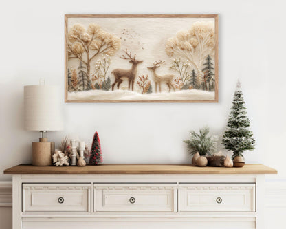 FRAME TV art Felt Style Deer in Winter Landscape, Neutral Samsung Frame TV art Cute Christmas Animals | TV1010