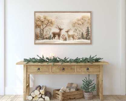 FRAME TV art Felt Style Deer in Winter Landscape, Neutral Samsung Frame TV art Cute Christmas Animals | TV1010