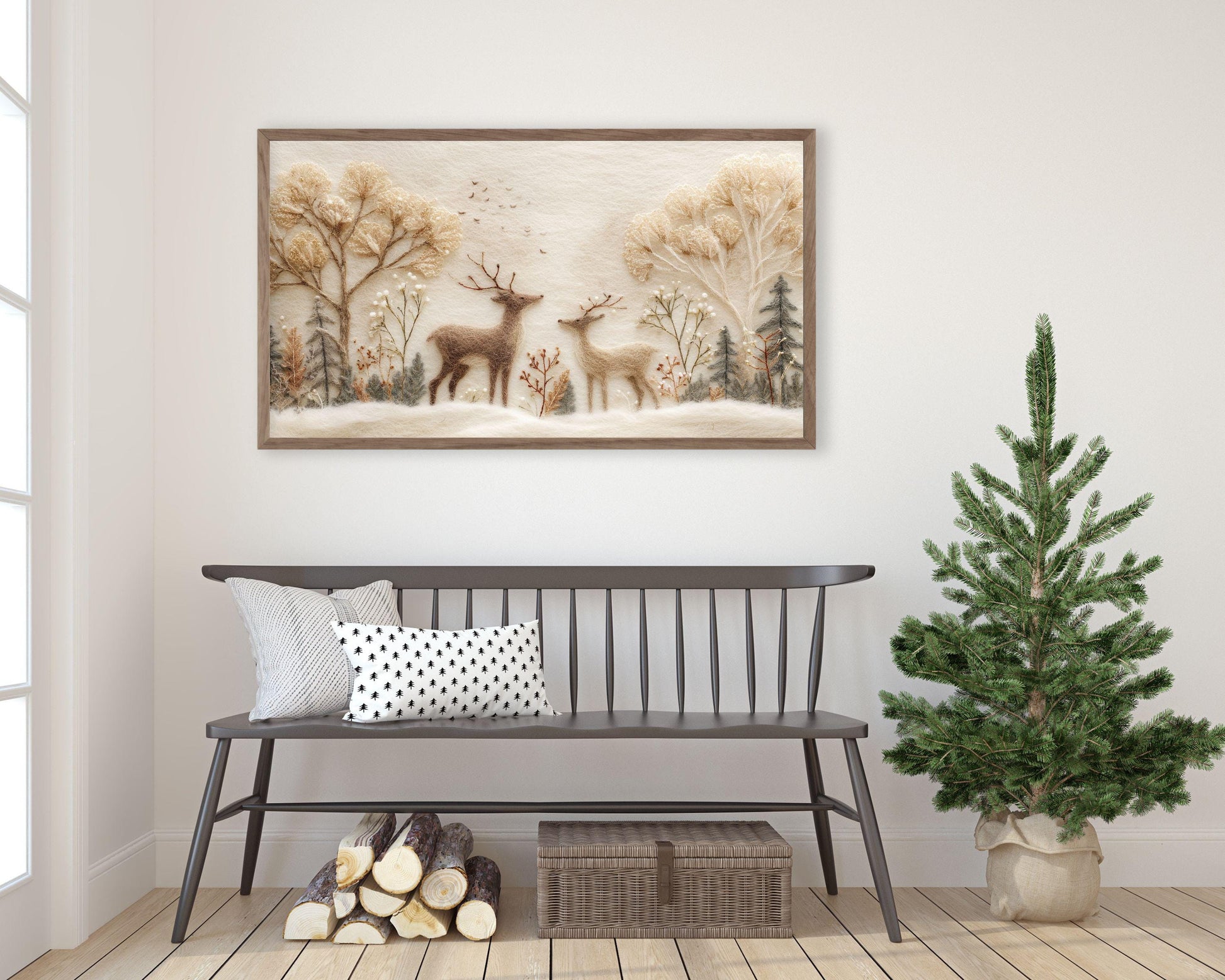 FRAME TV art Felt Style Deer in Winter Landscape, Neutral Samsung Frame TV art Cute Christmas Animals | TV1010