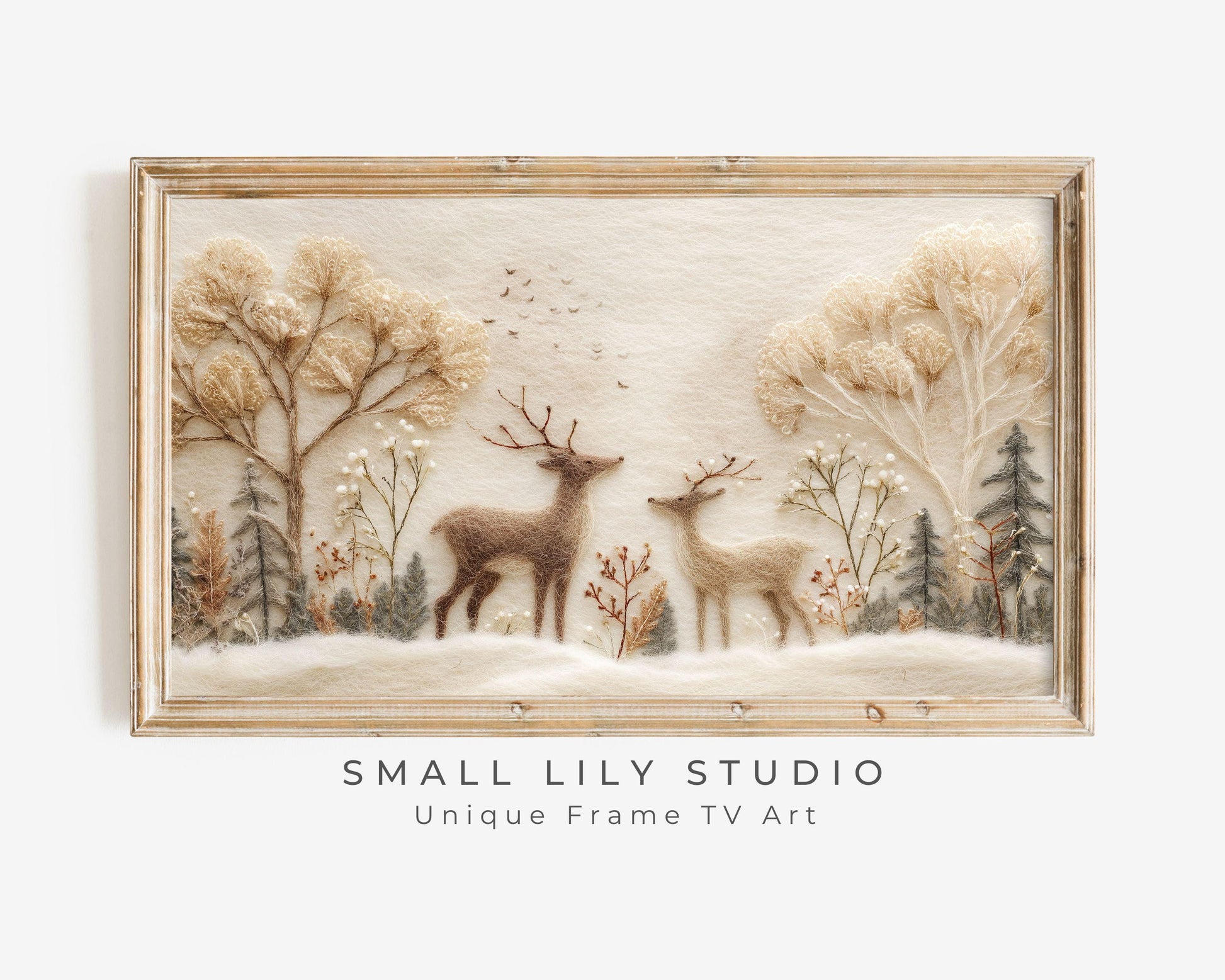 FRAME TV art Felt Style Deer in Winter Landscape, Neutral Samsung Frame TV art Cute Christmas Animals | TV1010