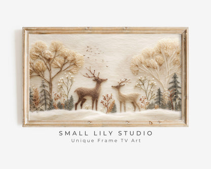 FRAME TV art Felt Style Deer in Winter Landscape, Neutral Samsung Frame TV art Cute Christmas Animals | TV1010