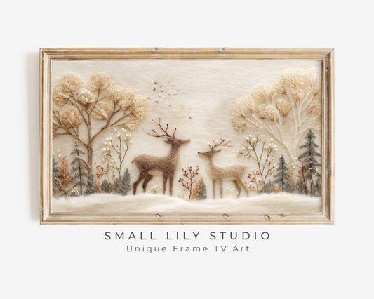 FRAME TV art Felt Style Deer in Winter Landscape, Neutral Samsung Frame TV art Cute Christmas Animals | TV1010