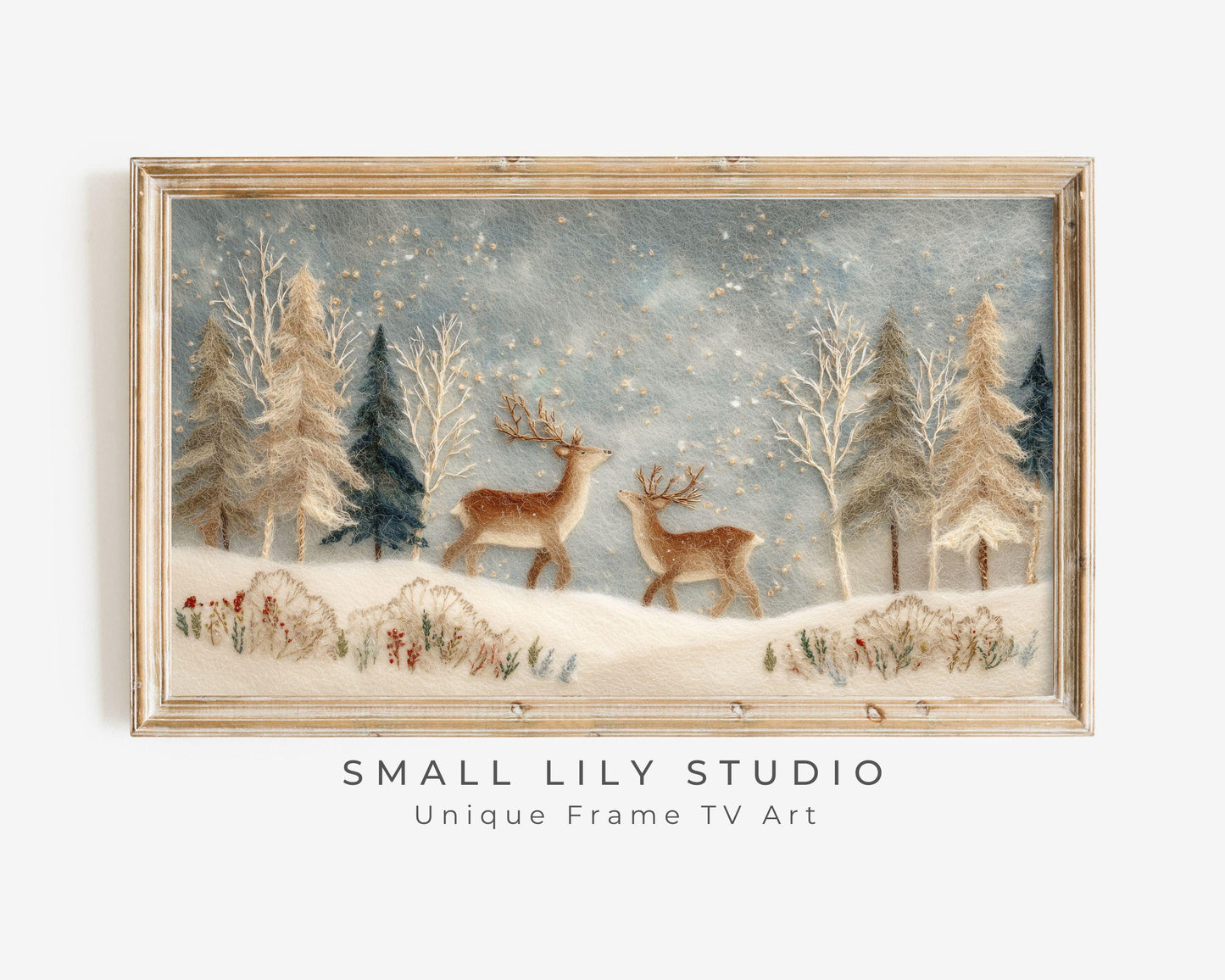 FRAME TV art Deer in Winter Landscape Felt Style, Samsung Frame TV art Cute Christmas Animals for Kids | TV1011