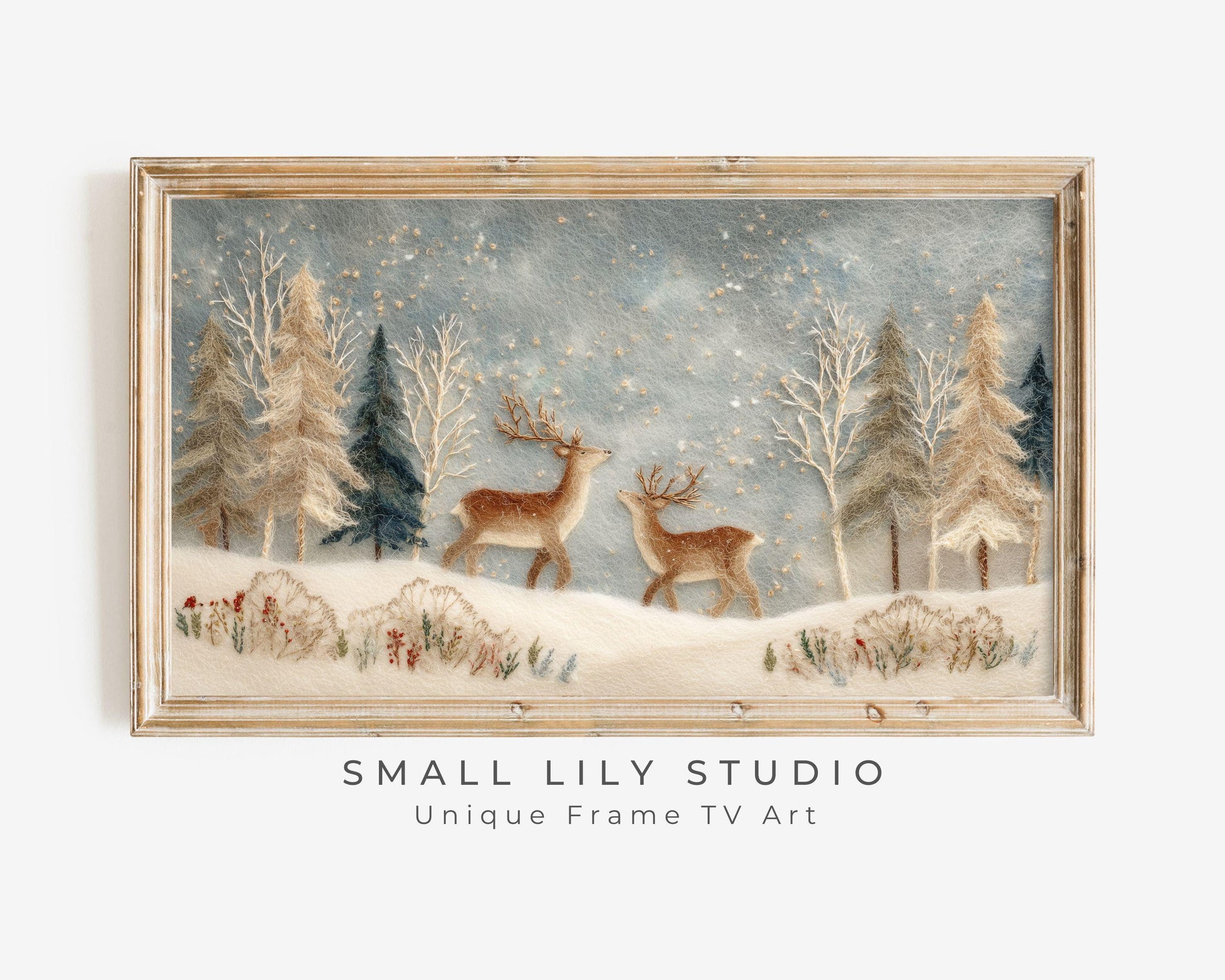 FRAME TV art Deer in Winter Landscape Felt Style, Samsung Frame TV art Cute Christmas Animals for Kids | TV1011