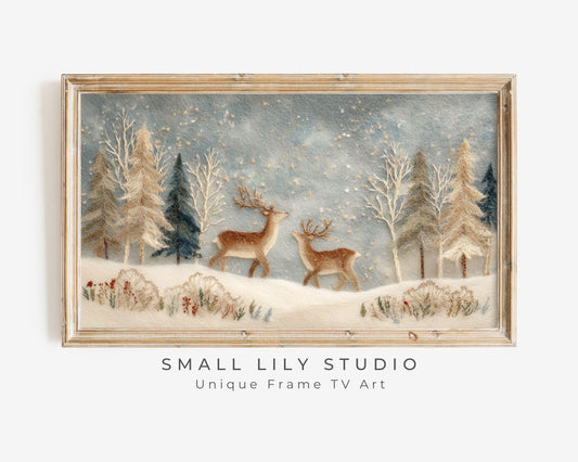 FRAME TV art Deer in Winter Landscape Felt Style, Samsung Frame TV art Cute Christmas Animals for Kids | TV1011
