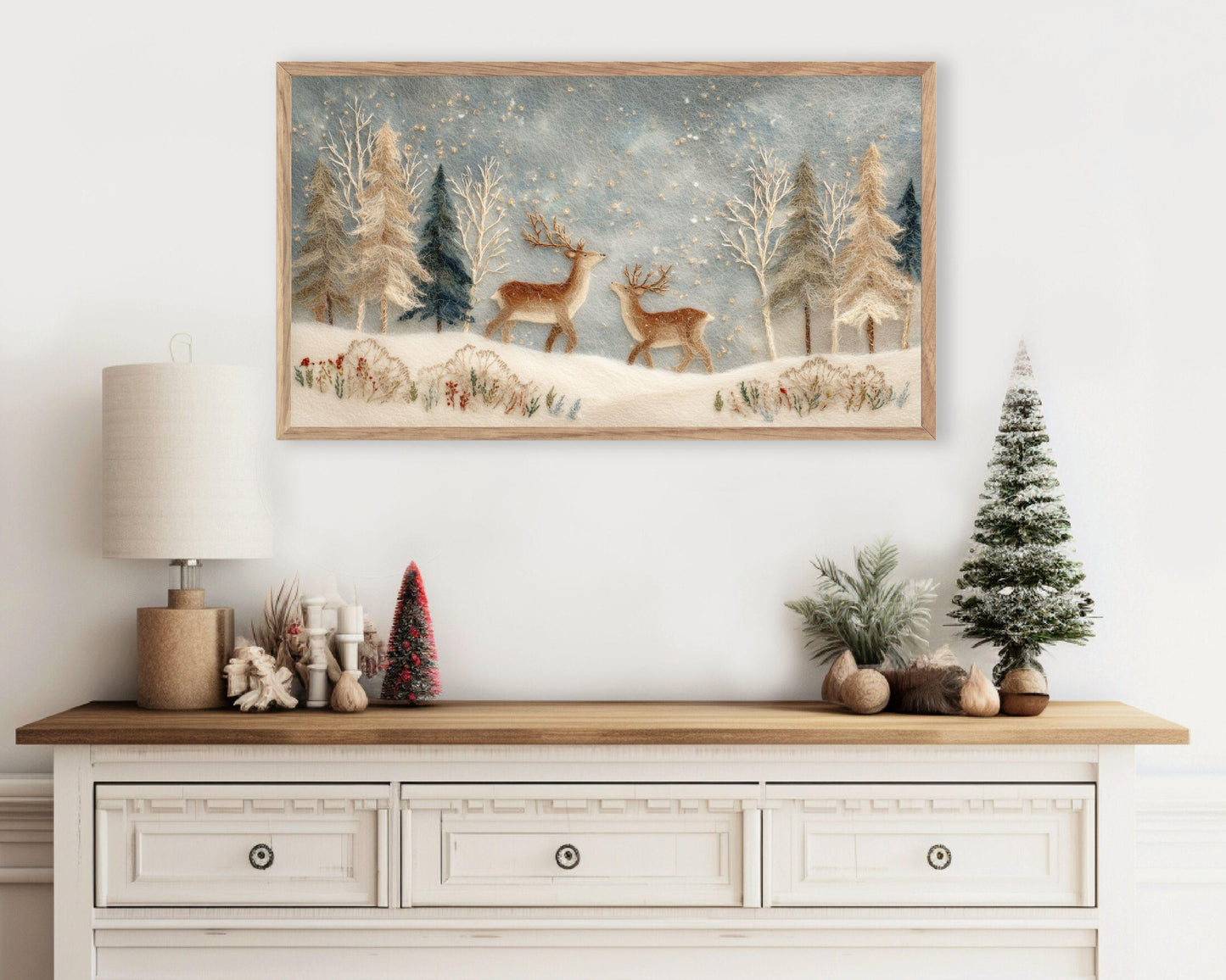 FRAME TV art Deer in Winter Landscape Felt Style, Samsung Frame TV art Cute Christmas Animals for Kids | TV1011