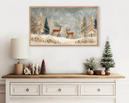 FRAME TV art Deer in Winter Landscape Felt Style, Samsung Frame TV art Cute Christmas Animals for Kids | TV1011