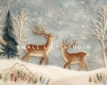 FRAME TV art Deer in Winter Landscape Felt Style, Samsung Frame TV art Cute Christmas Animals for Kids | TV1011