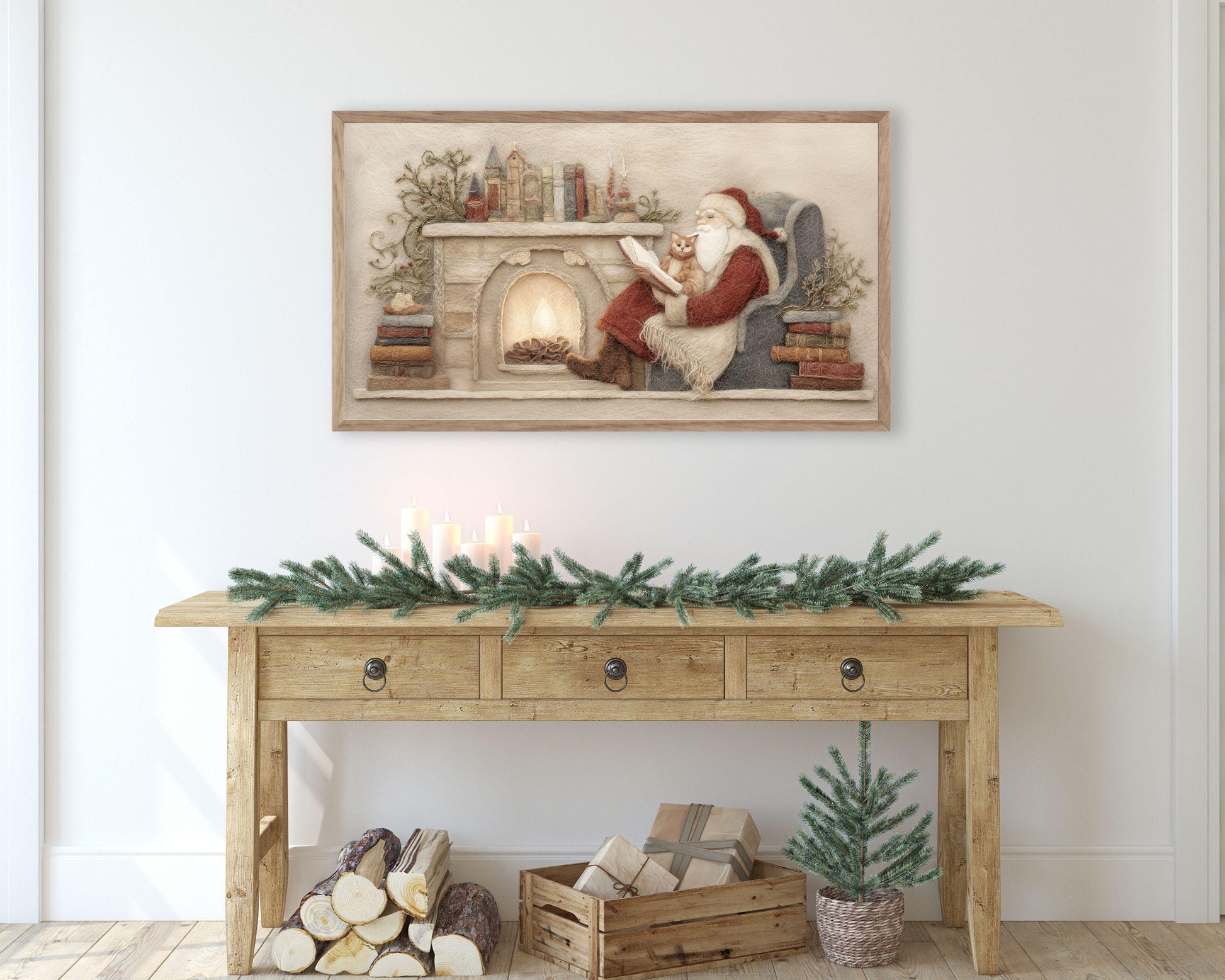 FRAME TV art Santa Reading with Cat Felt Style, Samsung Frame TV art Cute Christmas Picture for Kids, Cat Lover Christmas | TV1013