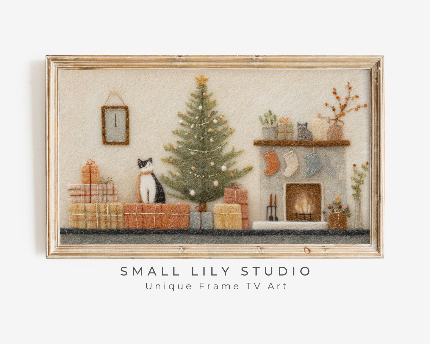 FRAME TV art Christmas Felt Style Room, Samsung Frame TV art Cute Christmas Picture for Kids, Cat Lover Christmas | TV1014