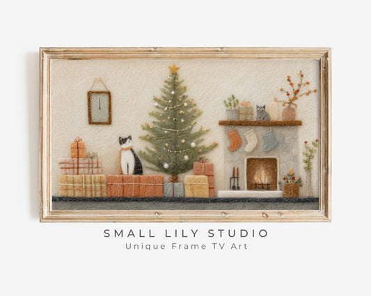 FRAME TV art Christmas Felt Style Room, Samsung Frame TV art Cute Christmas Picture for Kids, Cat Lover Christmas | TV1014