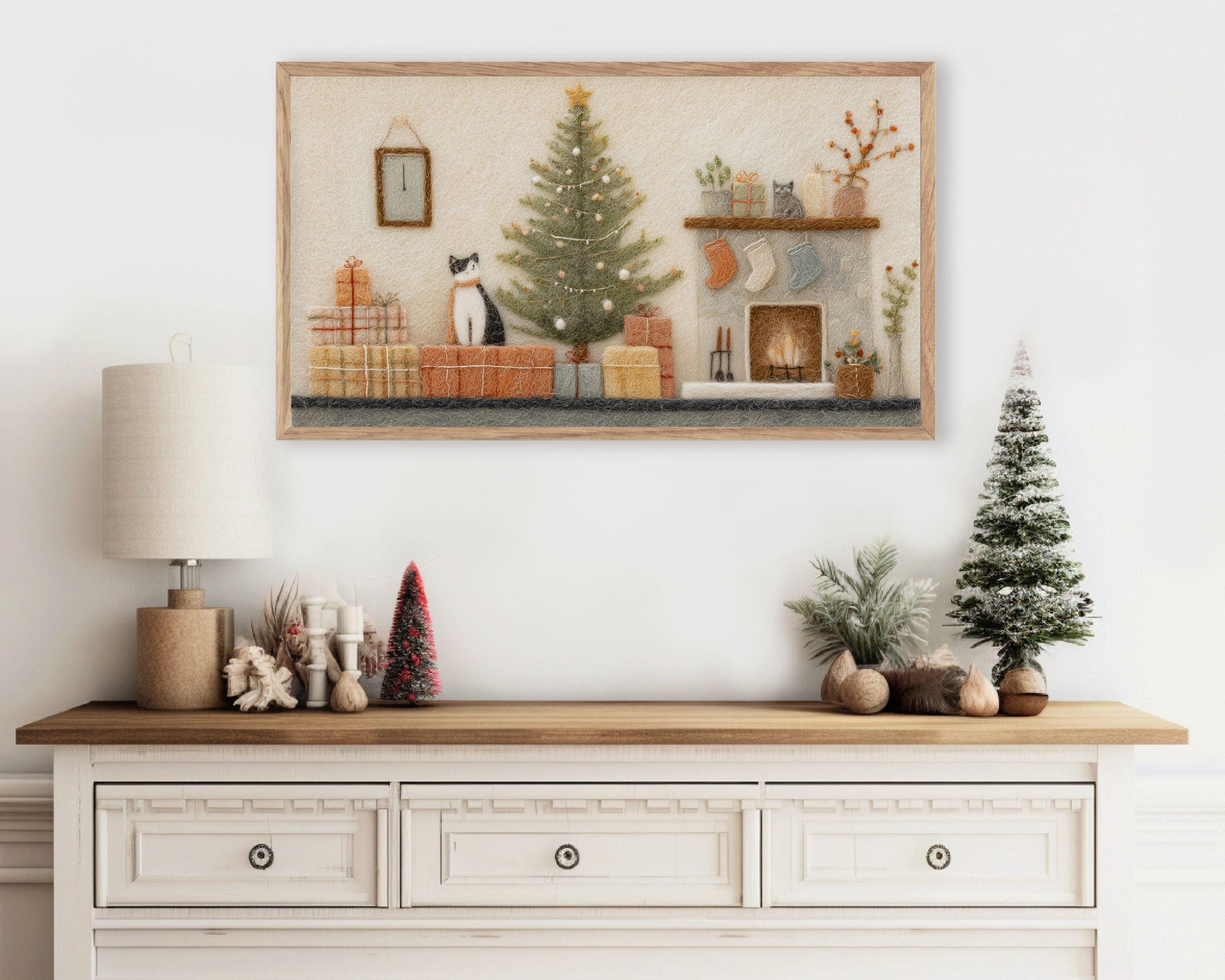 FRAME TV art Christmas Felt Style Room, Samsung Frame TV art Cute Christmas Picture for Kids, Cat Lover Christmas | TV1014