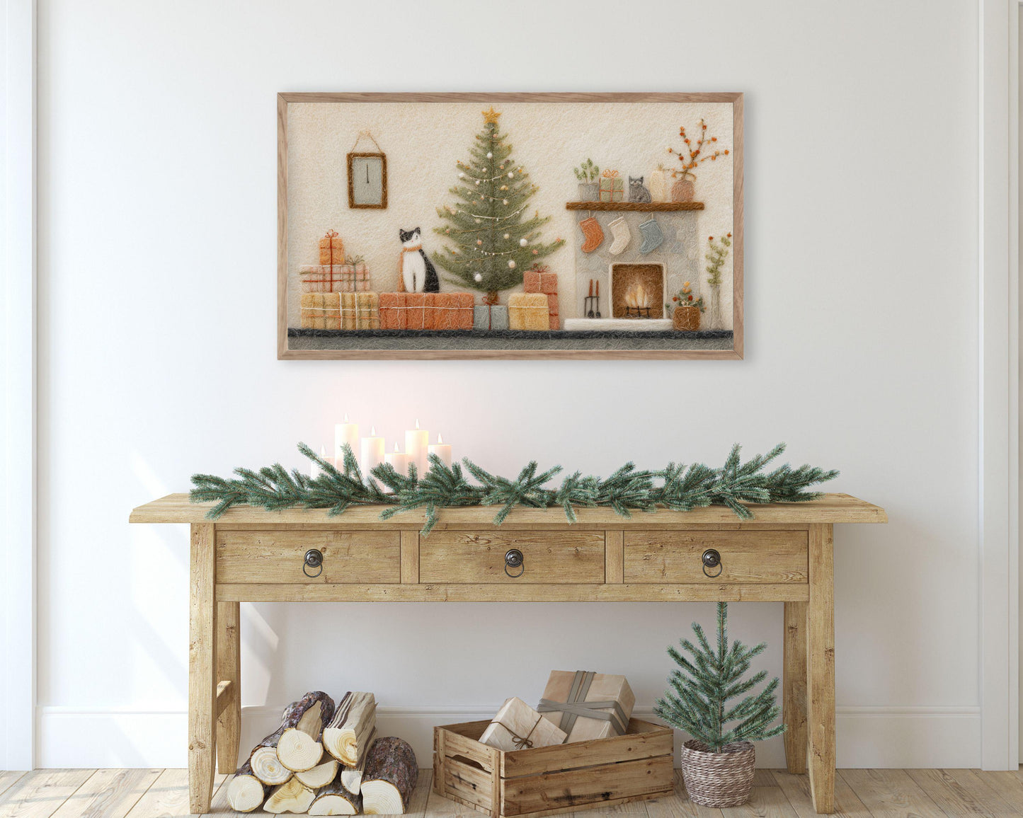 FRAME TV art Christmas Felt Style Room, Samsung Frame TV art Cute Christmas Picture for Kids, Cat Lover Christmas | TV1014