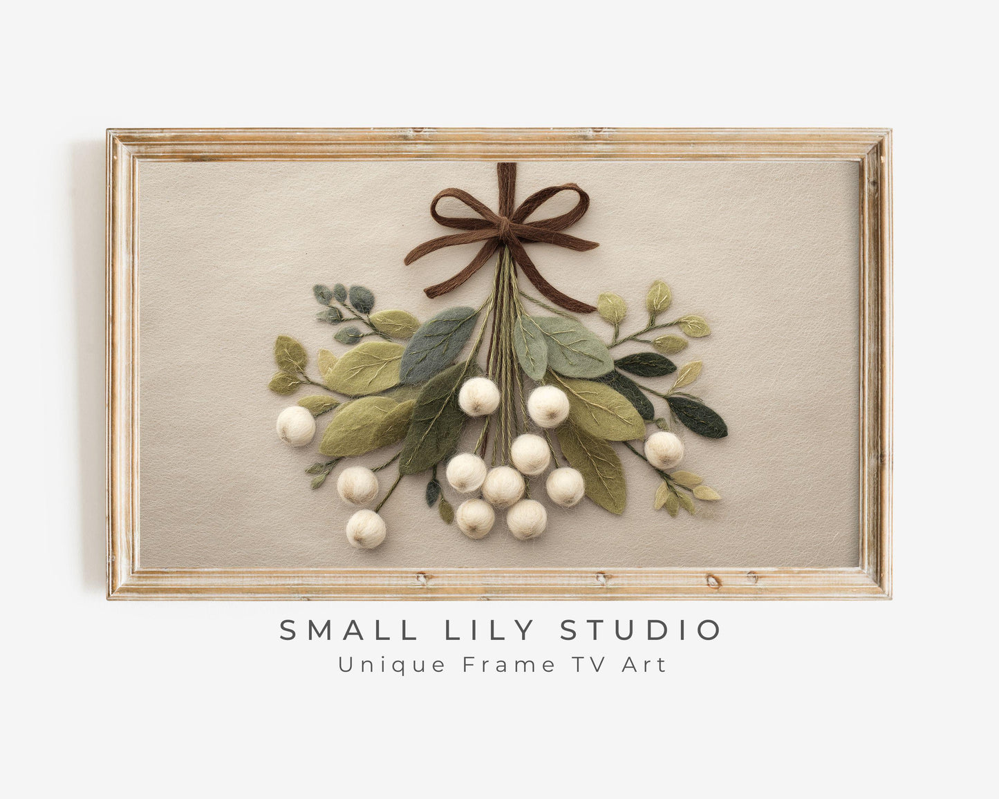 FRAME TV art Mistletoe with Brown Bow Felt Style, Samsung Frame TV art Cute Neutral Christmas Botanicals Picture | TV1016