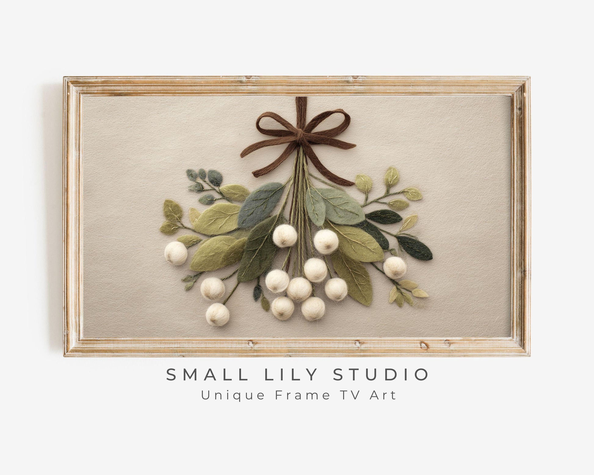 FRAME TV art Mistletoe with Brown Bow Felt Style, Samsung Frame TV art Cute Neutral Christmas Botanicals Picture | TV1016