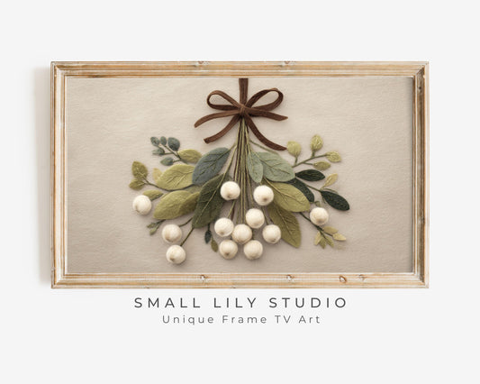 FRAME TV art Mistletoe with Brown Bow Felt Style, Samsung Frame TV art Cute Neutral Christmas Botanicals Picture | TV1016