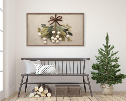 FRAME TV art Mistletoe with Brown Bow Felt Style, Samsung Frame TV art Cute Neutral Christmas Botanicals Picture | TV1016