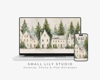 Christmas Houses Desktop Wallpaper Set, Holiday Phone Wallpaper, Winter iPhone Wallpaper, iPad Background Cute Picture | WS144