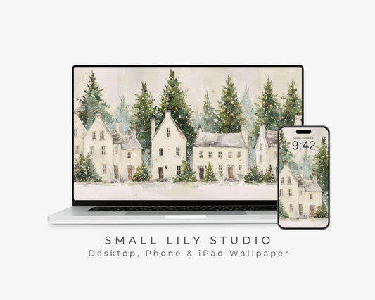 Christmas Houses Desktop Wallpaper Set, Holiday Phone Wallpaper, Winter iPhone Wallpaper, iPad Background Cute Picture | WS144