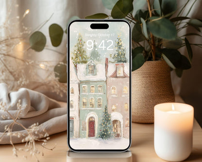 Pastel Christmas Houses Desktop Wallpaper Set, Holiday Phone Wallpaper, Winter iPhone Wallpaper, iPad Background Cute Picture | WS145