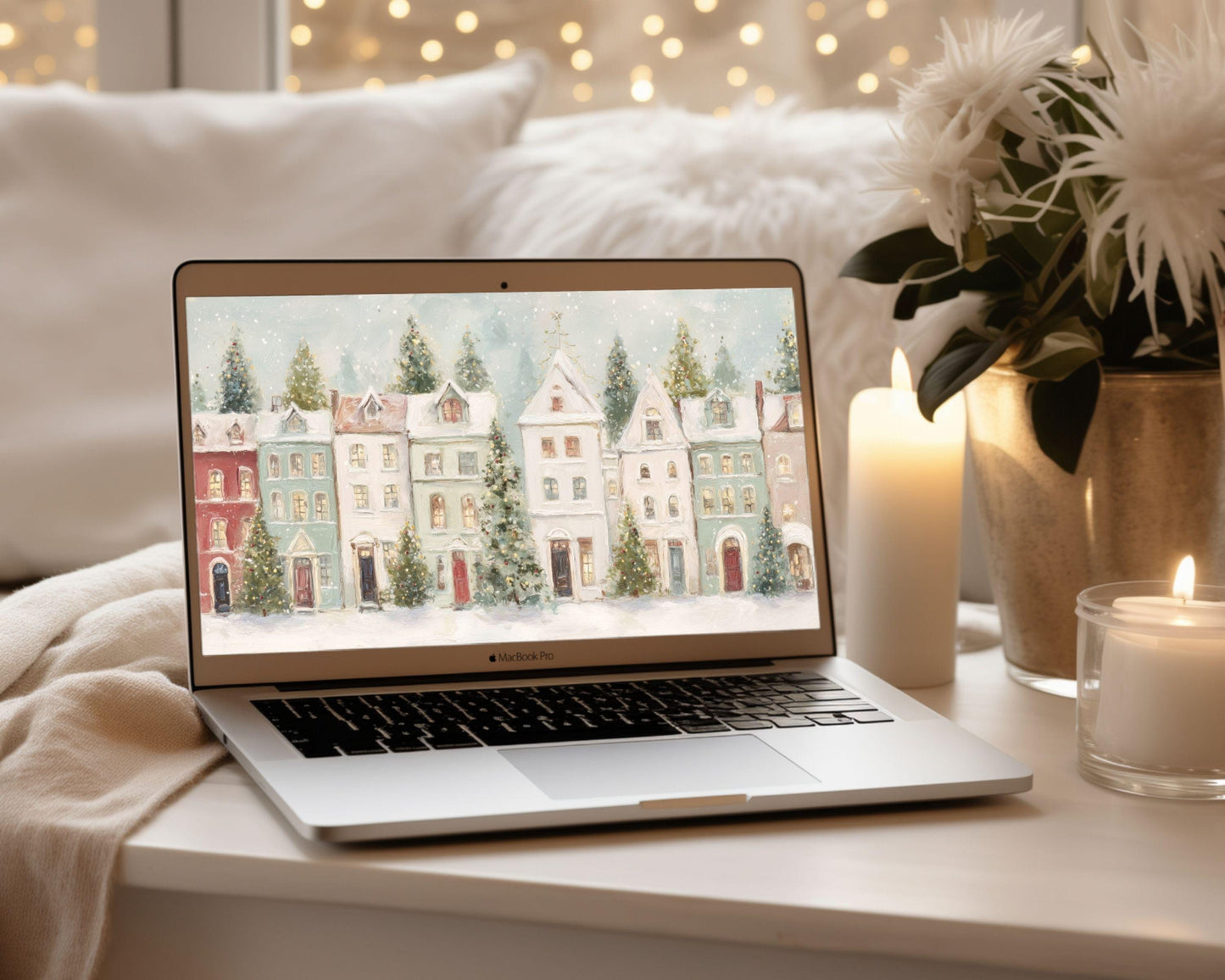 Pastel Christmas Houses Desktop Wallpaper Set, Holiday Phone Wallpaper, Winter iPhone Wallpaper, iPad Background Cute Picture | WS145