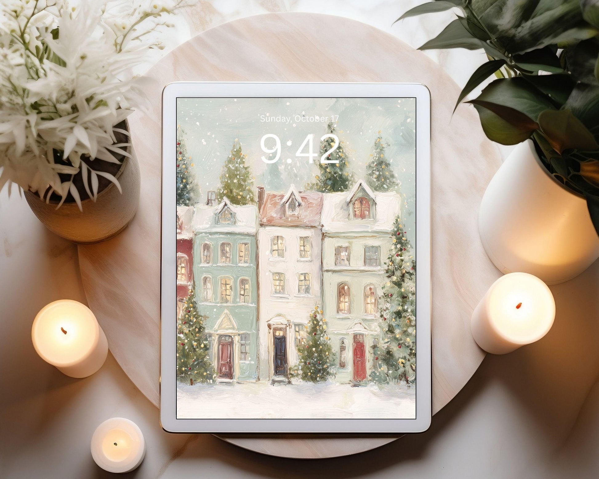 Pastel Christmas Houses Desktop Wallpaper Set, Holiday Phone Wallpaper, Winter iPhone Wallpaper, iPad Background Cute Picture | WS145