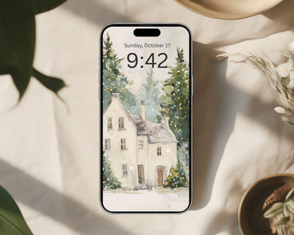 Christmas Houses Phone Wallpaper, Holiday iPhone Wallpaper, Winter Samsung Galaxy Phone Background Cute Picture | WP144