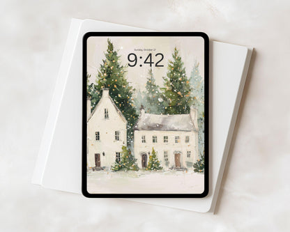 Christmas Houses iPad Wallpaper, Holiday iPad Background, Winter Tablet Wallpaper, Cute Whimsical Picture | WT144