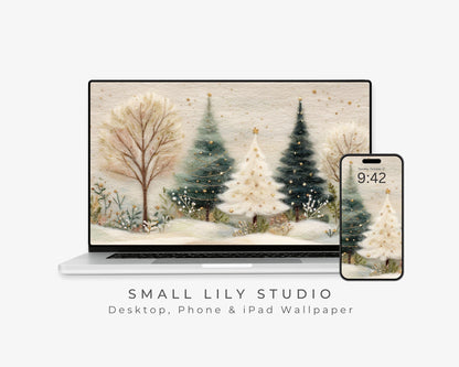 Christmas Trees Desktop Wallpaper Set, Felt Style Phone Wallpaper, Cute Winter iPhone Wallpaper, Aesthetic iPad Background | WS132