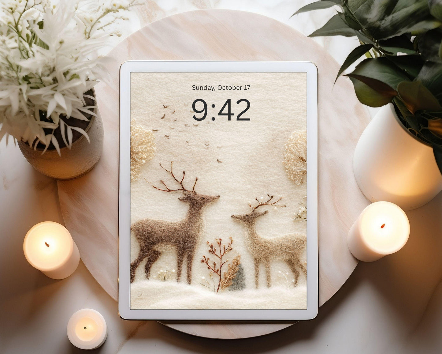 Deer Felt Style Wallpaper Set, Holidays Phone Wallpaper, Cute Winter iPhone Wallpaper, Aesthetic iPad Background | WS134