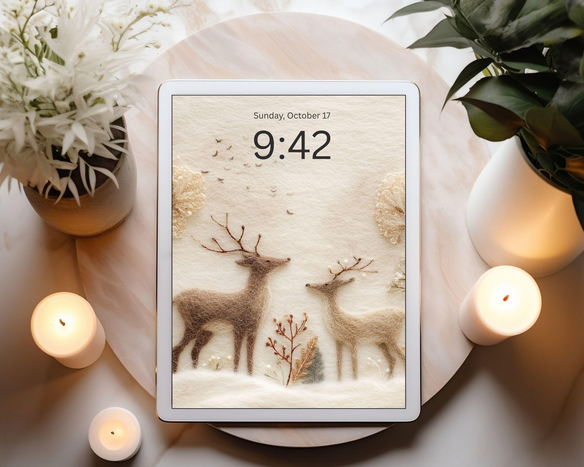 Deer Felt Style Wallpaper Set, Holidays Phone Wallpaper, Cute Winter iPhone Wallpaper, Aesthetic iPad Background | WS134