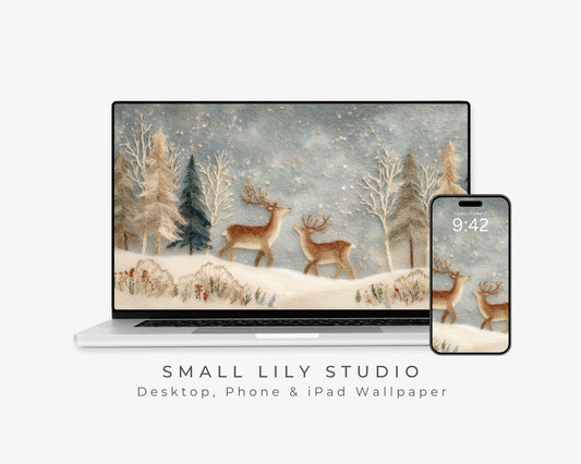 Deer Felt Style Wallpaper Set, Holidays Phone Wallpaper, Cute Winter iPhone Wallpaper, Aesthetic iPad Background | WS135