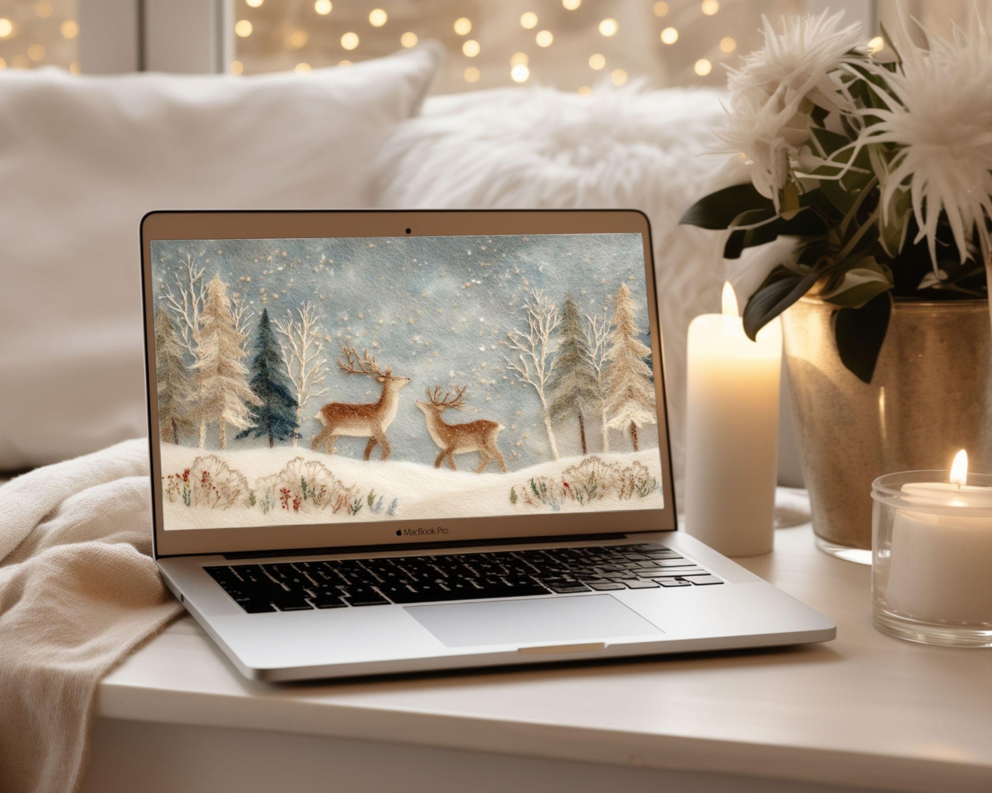 Deer Felt Style Wallpaper Set, Holidays Phone Wallpaper, Cute Winter iPhone Wallpaper, Aesthetic iPad Background | WS135