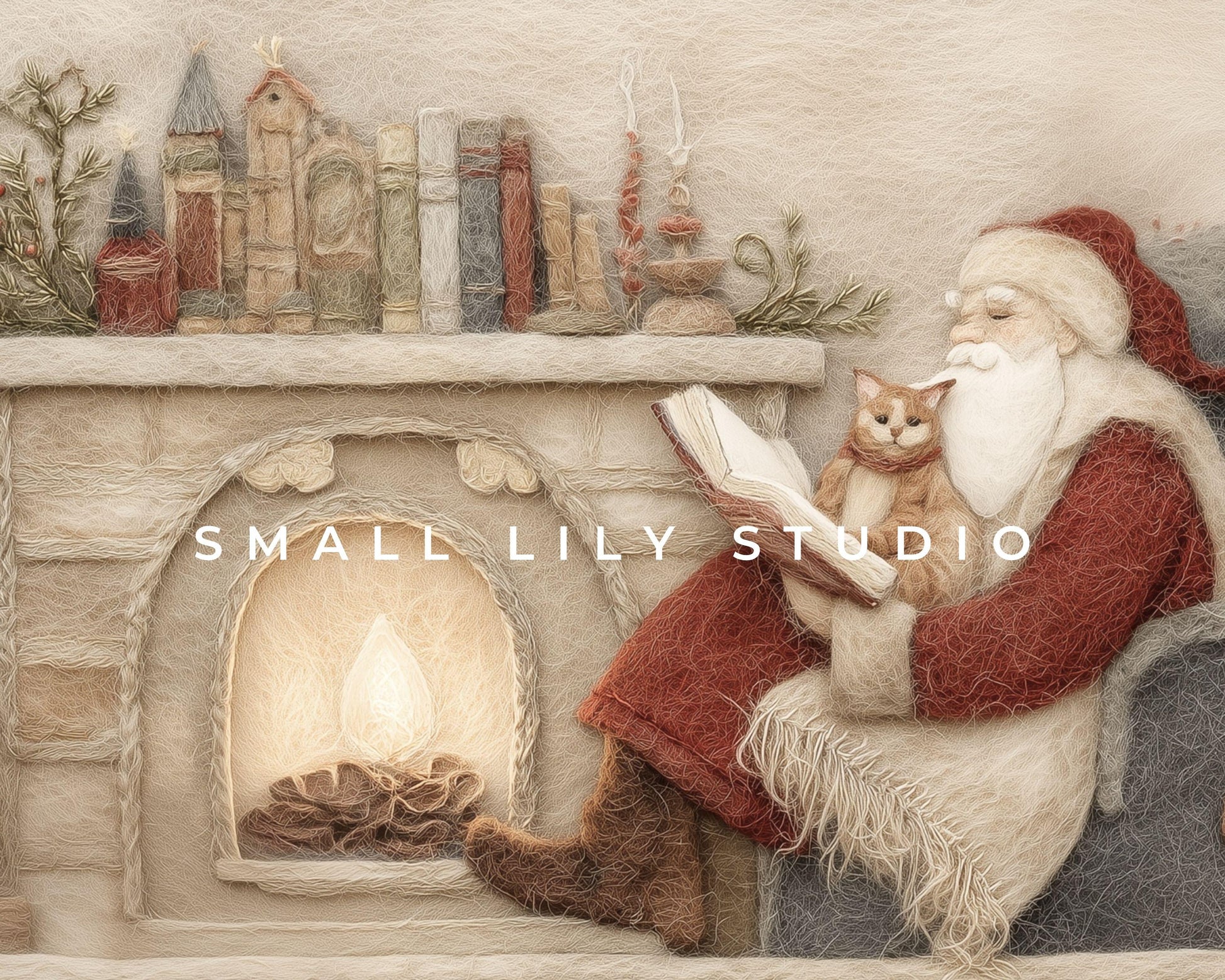 Santa Reading Wallpaper Set, Christmas Phone Wallpaper, Cute Felt Style Winter iPhone Wallpaper, Cat Lover iPad Background | WS137