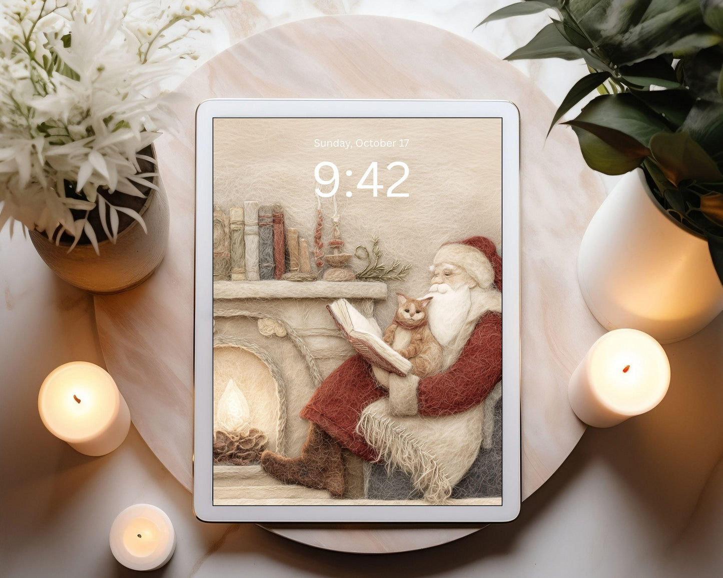 Santa Reading Wallpaper Set, Christmas Phone Wallpaper, Cute Felt Style Winter iPhone Wallpaper, Cat Lover iPad Background | WS137