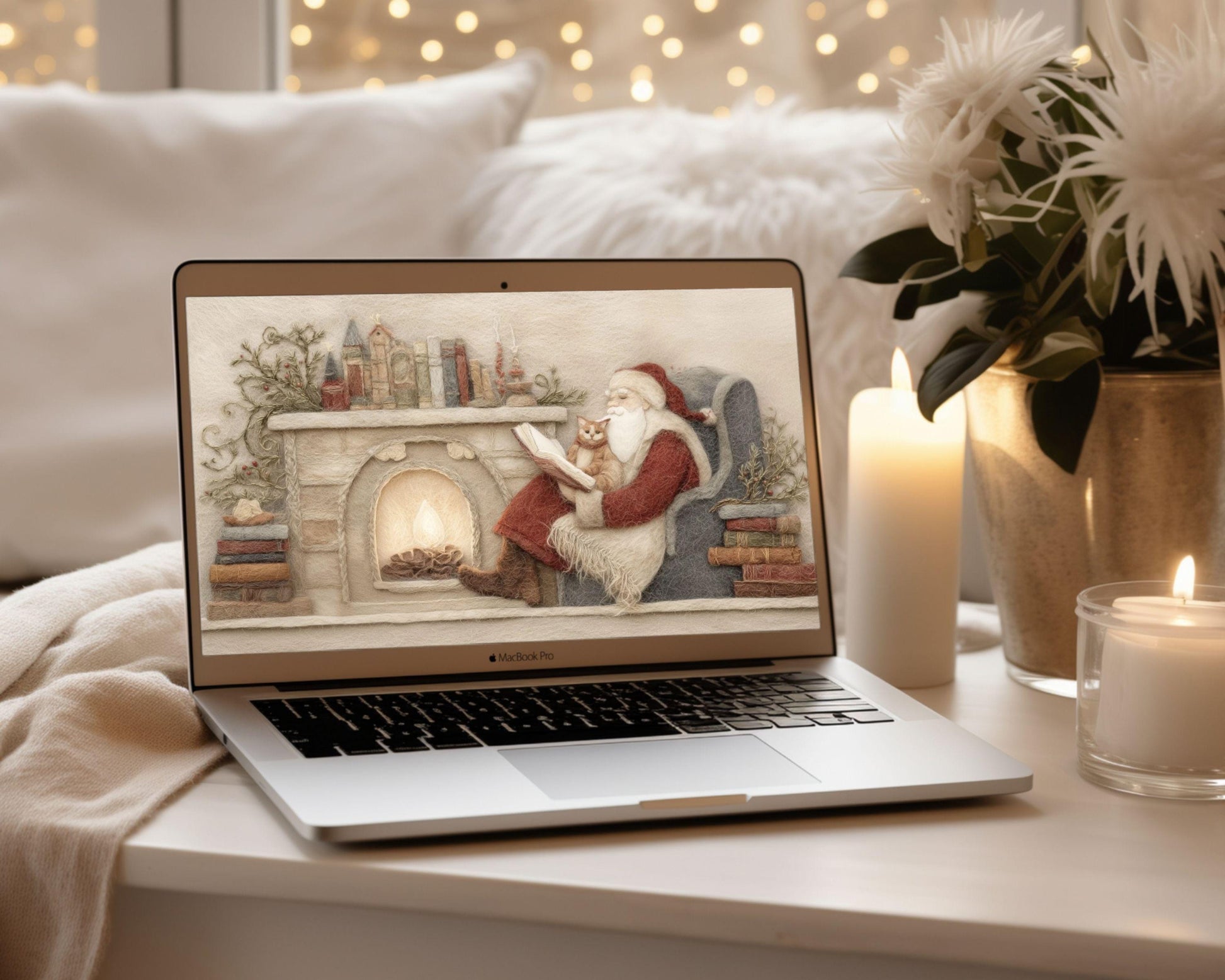 Santa Reading Wallpaper Set, Christmas Phone Wallpaper, Cute Felt Style Winter iPhone Wallpaper, Cat Lover iPad Background | WS137