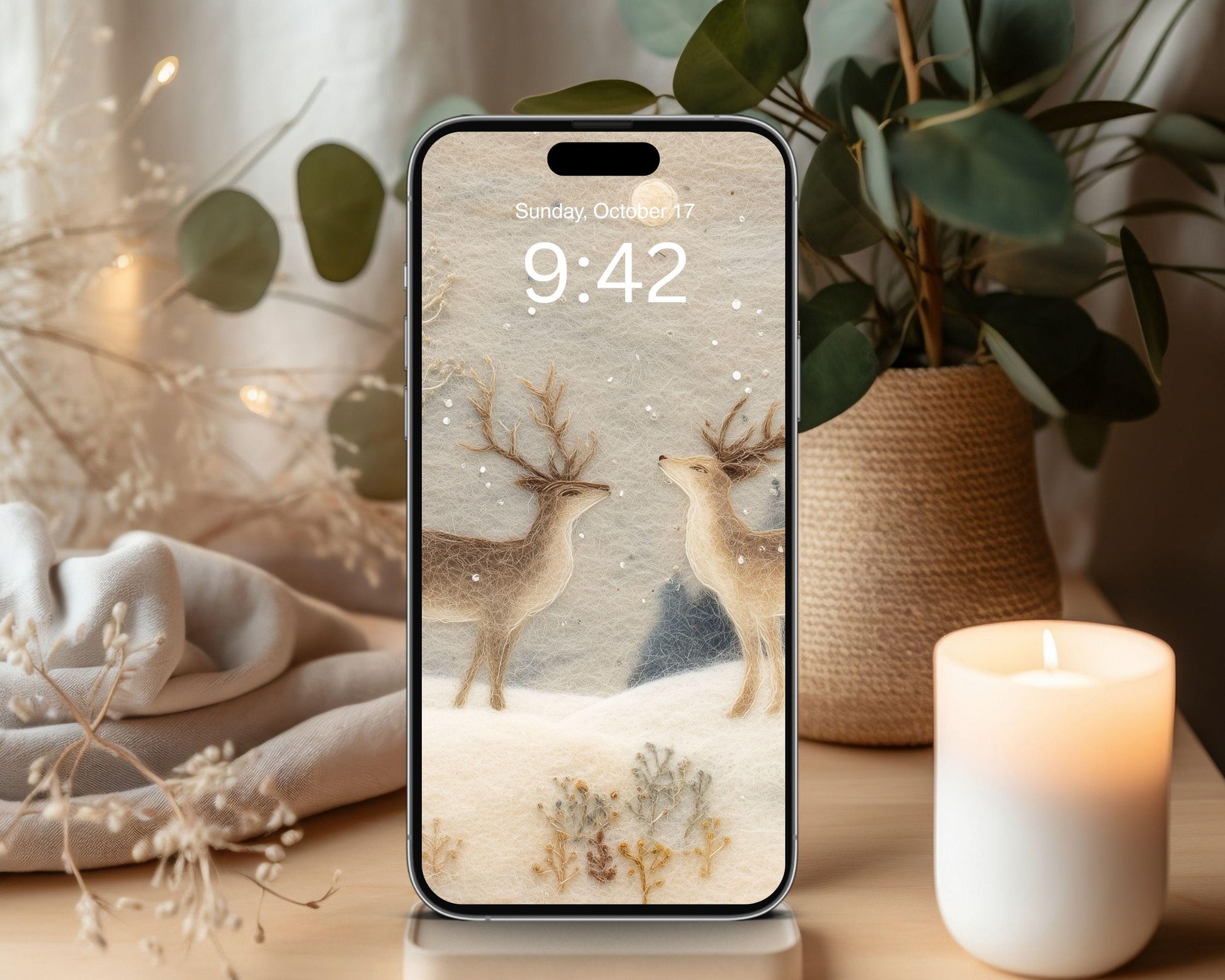 Deer Felt Style Phone Wallpaper, Holidays iPhone Wallpaper, Cute Winter Samsung Galaxy Phone Background | WP133