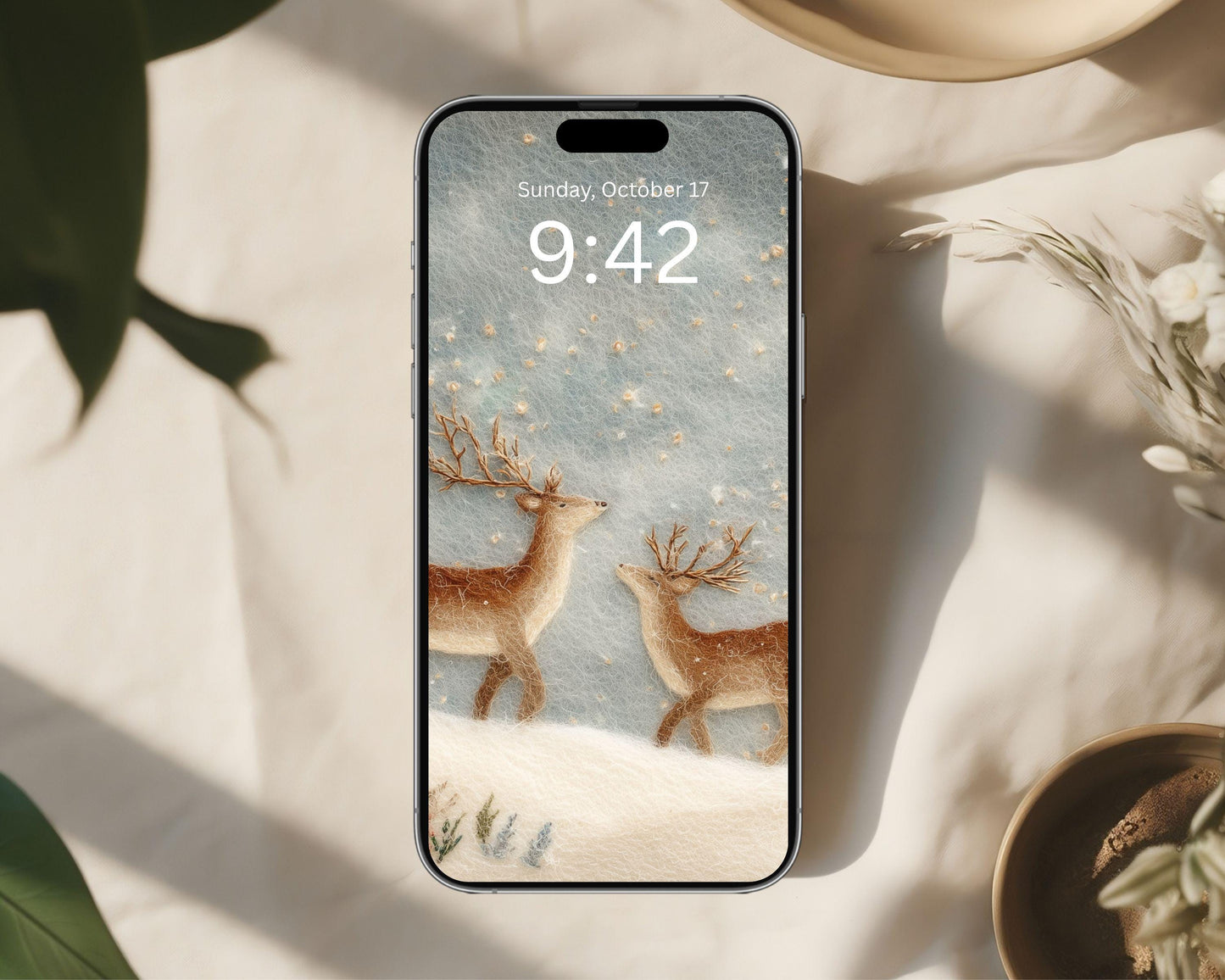 Deer Felt Style Phone Wallpaper, Holidays iPhone Wallpaper, Cute Winter Samsung Galaxy Phone Background | WP135