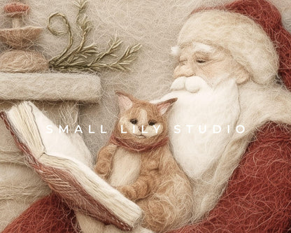Santa Reading Phone Wallpaper, Christmas iPhone Wallpaper, Cute Felt Style Winter Samsung Galaxy Phone Background | WP137