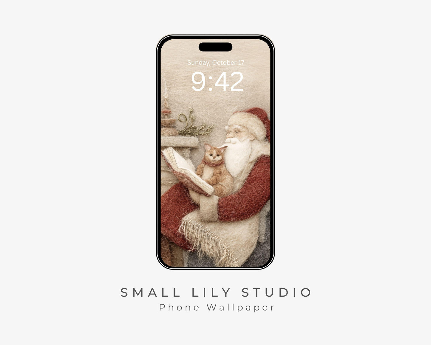 Santa Reading Phone Wallpaper, Christmas iPhone Wallpaper, Cute Felt Style Winter Samsung Galaxy Phone Background | WP137