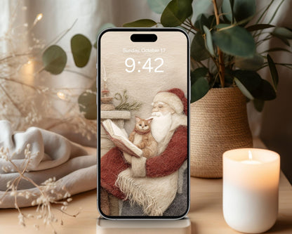 Santa Reading Phone Wallpaper, Christmas iPhone Wallpaper, Cute Felt Style Winter Samsung Galaxy Phone Background | WP137