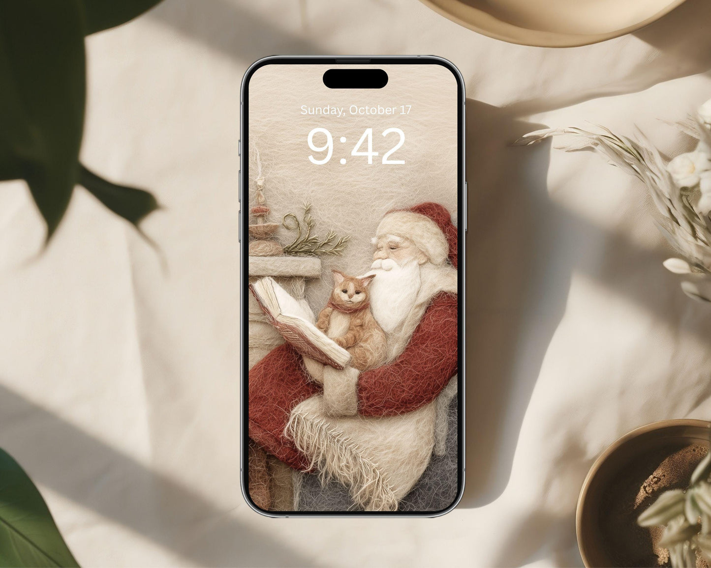 Santa Reading Phone Wallpaper, Christmas iPhone Wallpaper, Cute Felt Style Winter Samsung Galaxy Phone Background | WP137