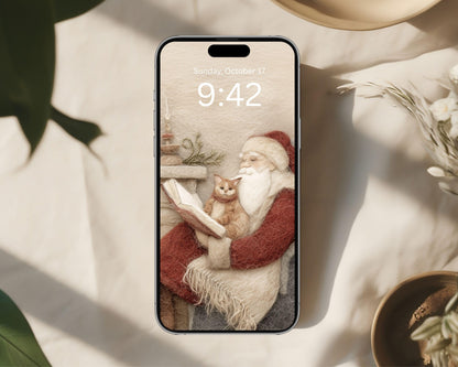 Santa Reading Phone Wallpaper, Christmas iPhone Wallpaper, Cute Felt Style Winter Samsung Galaxy Phone Background | WP137